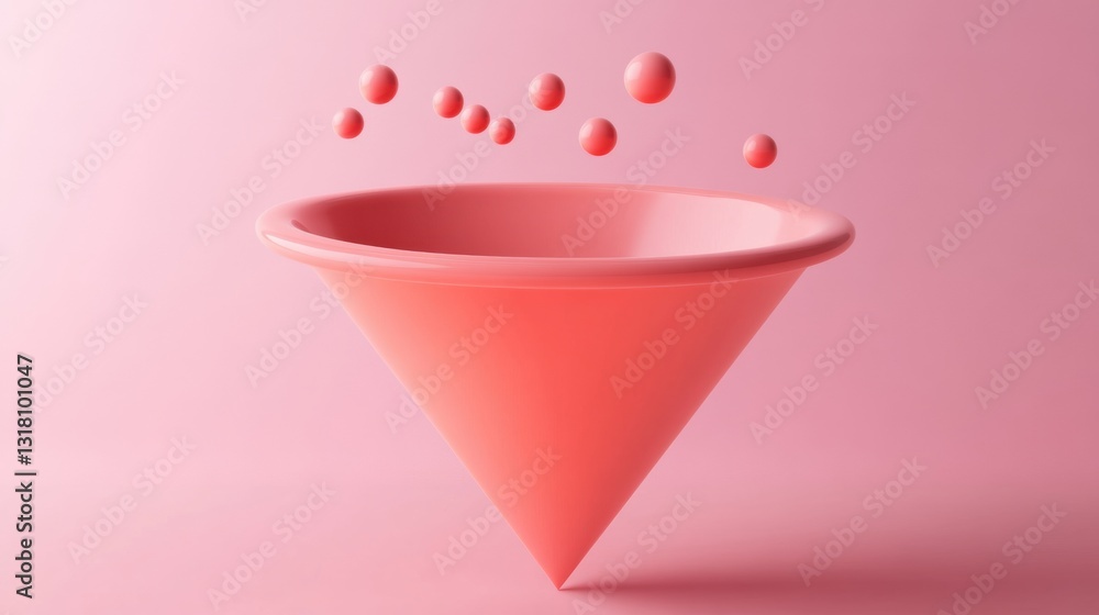 Poster a minimalistic pink funnel surrounded by floating peach bubbles on a soft pink background for creati