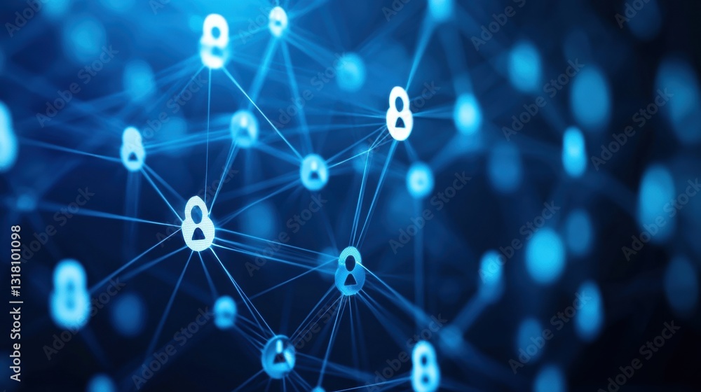 Poster blue digital network with abstract human icons representing connections and communication in a virtu