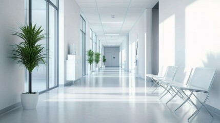 Fototapeta premium Modern Empty Hospital Corridor with Natural Light and Greenery