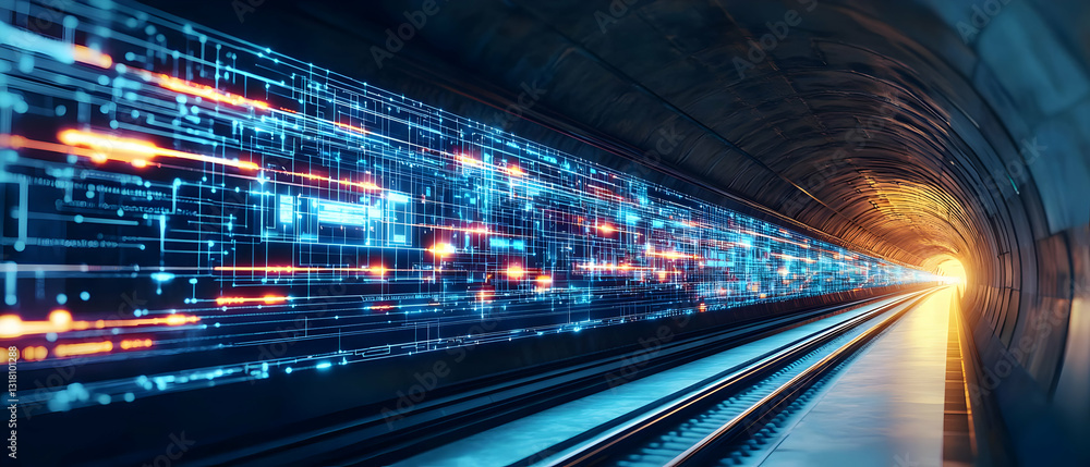 Poster digital data stream flowing through futuristic tunnel with blue and orange lights