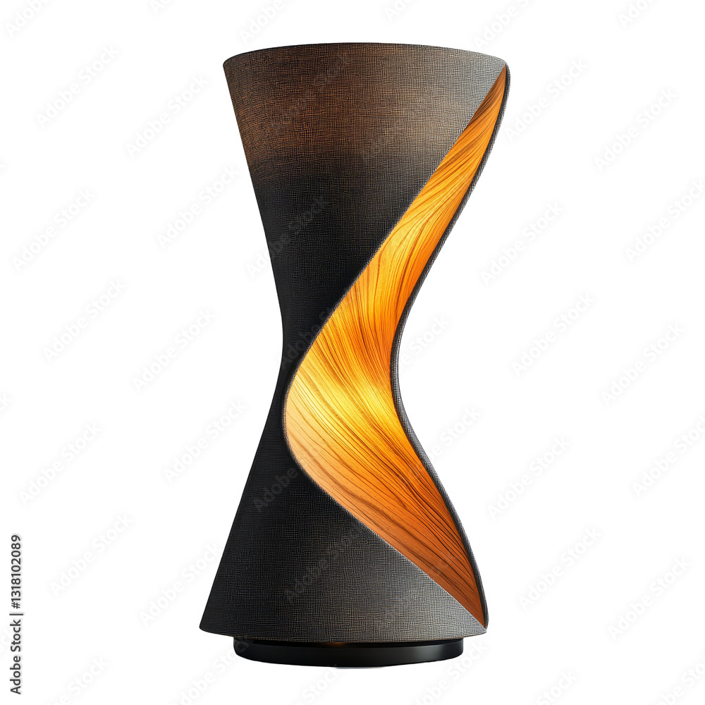 Poster modern lamp with a unique twisted design, glowing warmly, isolated on a transparent background for e