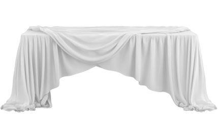 A classic white tablecloth draped over a long dining table, cut out and isolated on a transparent background, with graceful folds cascading down the sides