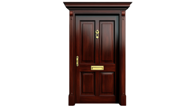 A classic wooden door with a dark mahogany finish, adorned with a polished brass knocker, isolated on transparent background."