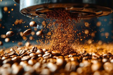 Extreme Close-Up of Freshly Ground Coffee Falling from Grinder in Dramatic Lighting