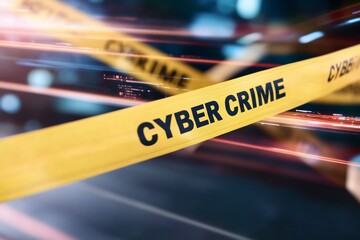 Cyber crime caution tape blocking digital flow, depicting online security threat