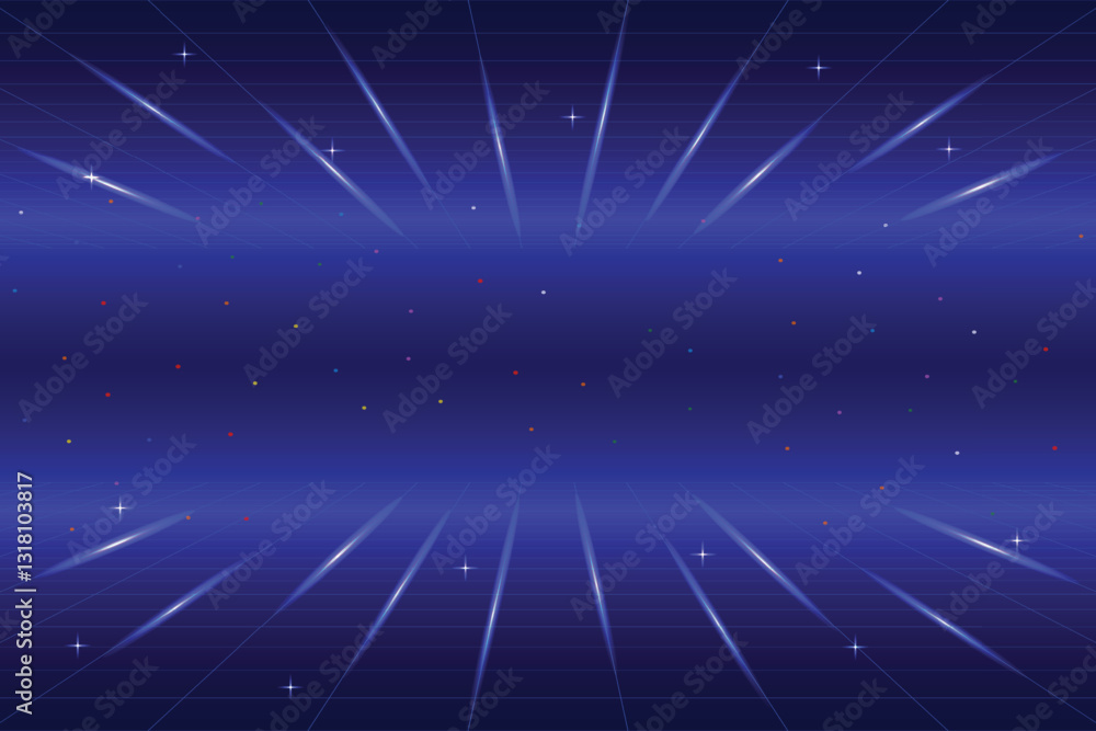 Poster retro cyberpunk style 80s game scene pixel art 8-bit sci-fi background. glowing neon grid and stars 