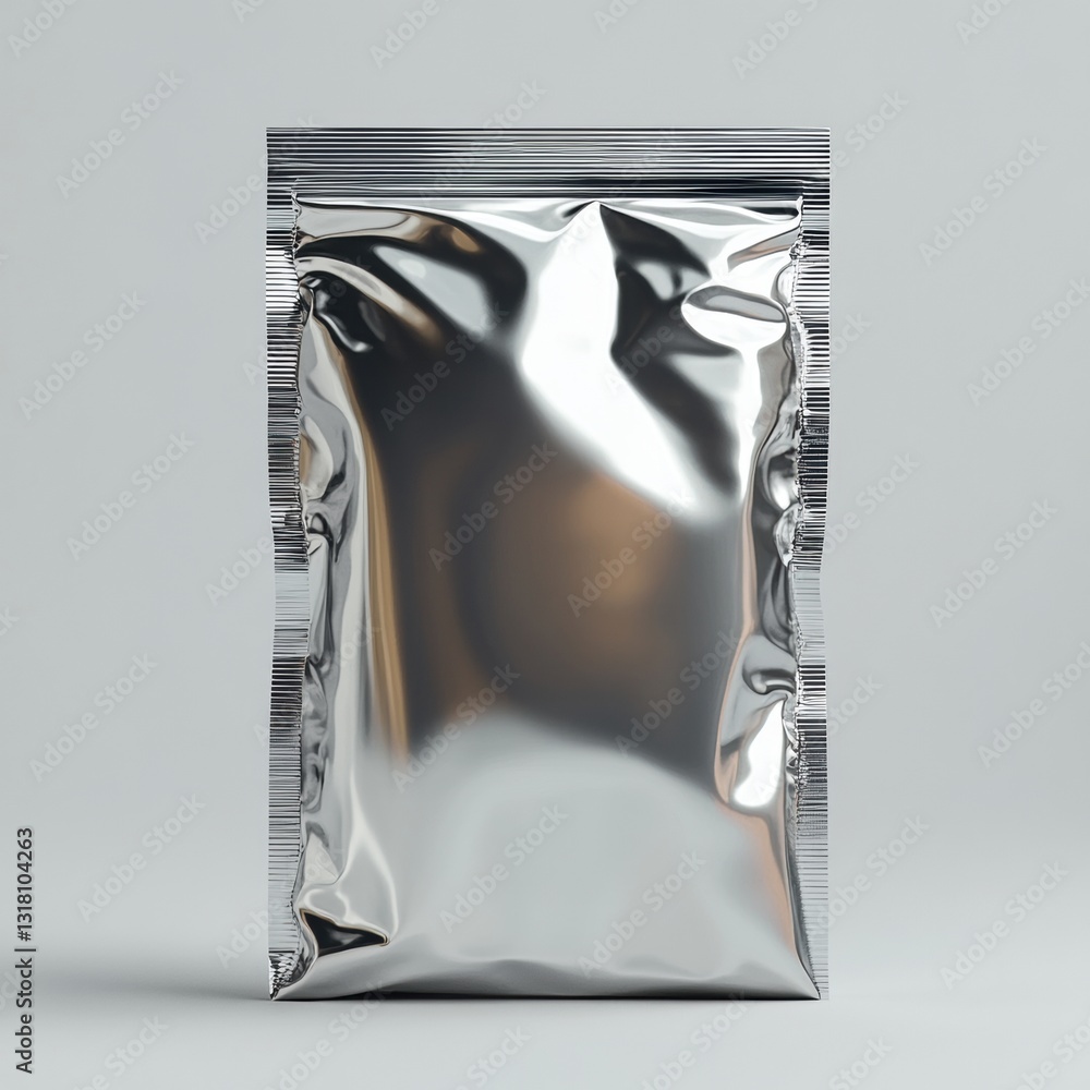 Poster glossy silver stand-up pouch with zipper closure on plain background for food or product packaging u