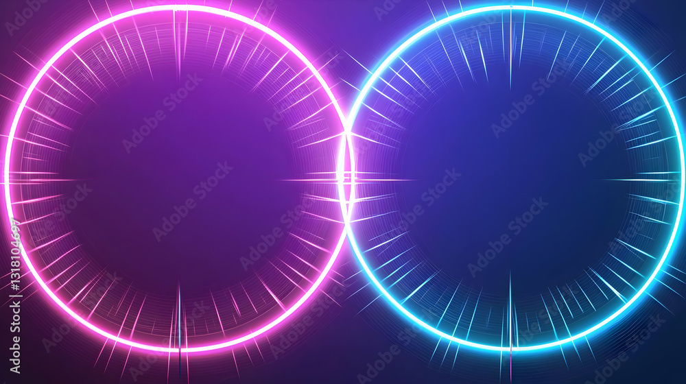 Poster vivid neon pink and blue glowing intersecting circles on a gradient background with sparkling light 