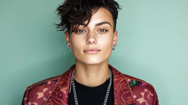 Pangender Individual Portrait Reflecting Identity Expression and Unique Style in Contemporary Fashion Setting on Mint Green Background