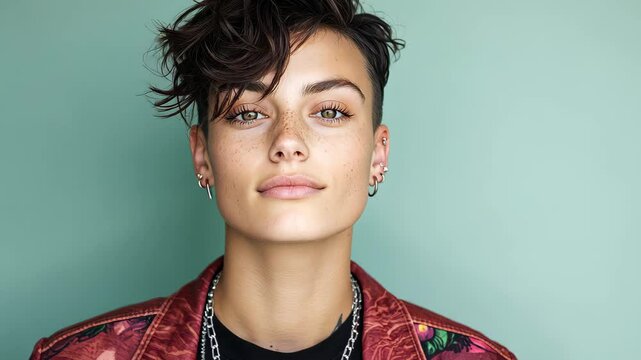 Pangender Individual Portrait Reflecting Identity Expression and Unique Style in Contemporary Fashion Setting on Mint Green Background