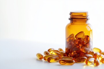 Amber Bottle with Softgel Capsules on White Background for Health and Dietary Supplement Concepts