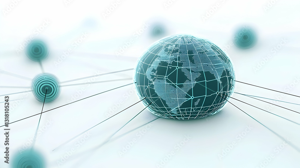 Poster abstract blue spheres connected by lines on white background representing digital network and data t