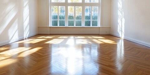Fototapeta premium Bright room shows herringbone floor reflecting sunlight coming from large windows