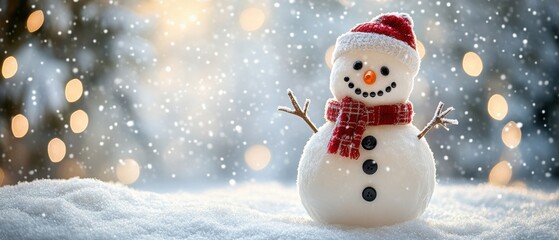 Fototapeta premium Cheerful Snowman with Red Hat and Scarf in Winter Landscape Surrounded by Snow and Shimmering Lights