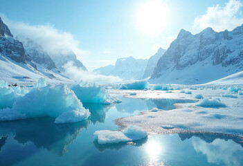 Stunning Arctic Icebergs Floating in a Frozen Polar Landscape Sun in sky