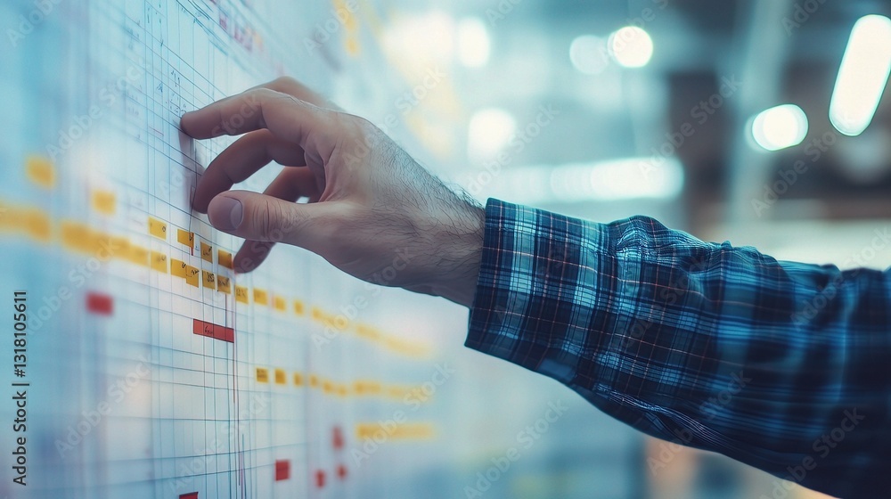 Poster hand of project manager working on task board with icons