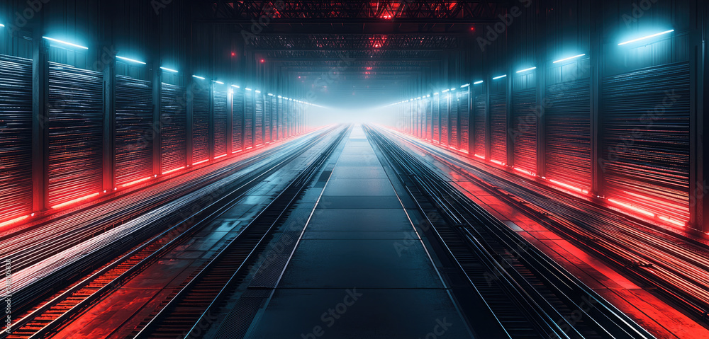 Aufkleber stunning futuristic scene featuring illuminated train tracks leading into bright light, creating sen