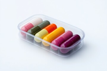 Colorful capsules in a clear container arranged in neat rows on a light surface for health and wellness themes