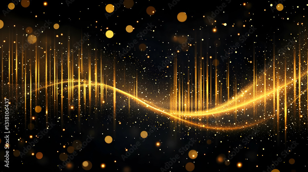 Poster golden light wave with sparkling particles on a black background with a bokeh effect for festive cel