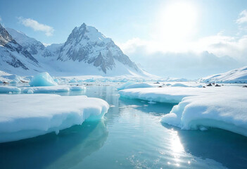 Beautiful Majestic Arctic Ice Landscape with Floating Glaciers and Snowy Mountains with sun in background