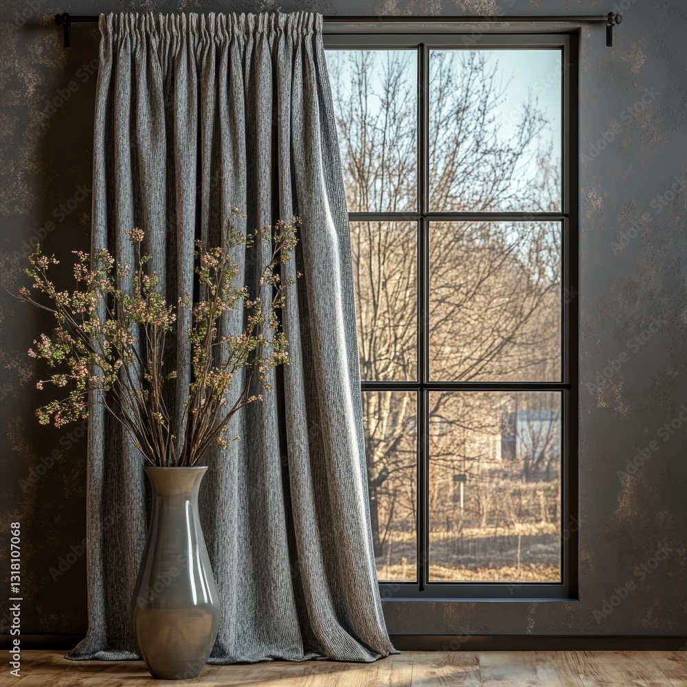 Aufkleber soft textured grey curtain draped elegantly by window with view of nature and bare branches in vase 