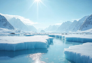 Majestic Arctic Ice Landscape with Floating Glaciers and Snowy Mountains with sun