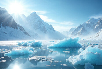 Majestic Arctic Ice Landscape with Floating Glaciers and Snowy Mountains