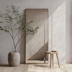 Minimalist interior design showcasing a reflective mirror, potted plant, wooden stool, and natural light creating serene ambiance in a modern space