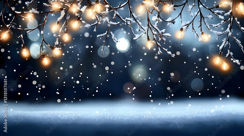Poster winter scene with snow covered branches and glowing string lights against blue bokeh background
