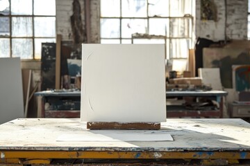 Blank Canvas on Stand in Bright Art Studio with Natural Light and Creative Workspace Background
