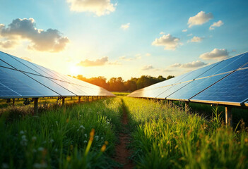 Solar Panels in a Lush Green Field Under a Blue Sky