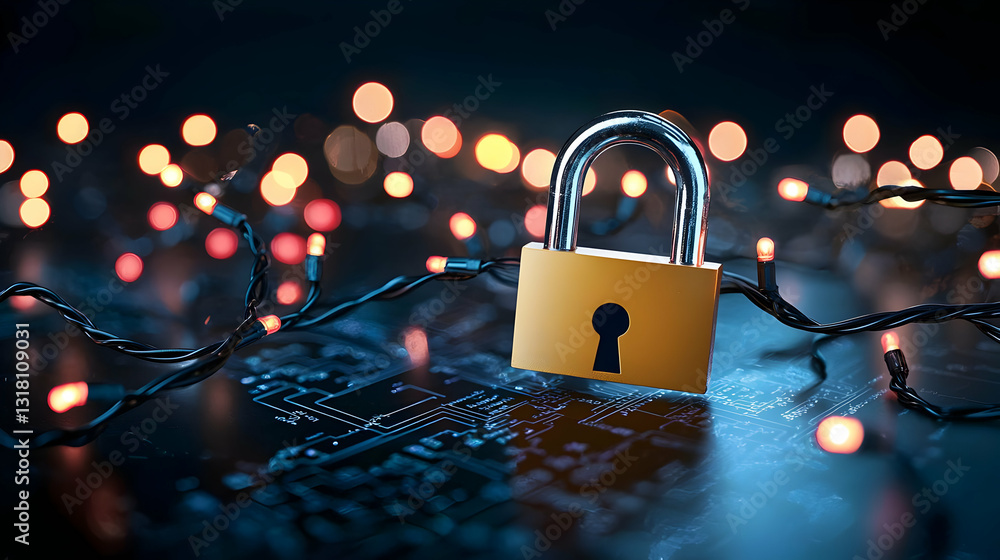 Poster gold padlock with keyhole illuminated by string lights on blue circuit board