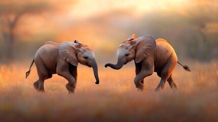 Fototapeta premium Two playful baby elephants in a golden savanna sunset