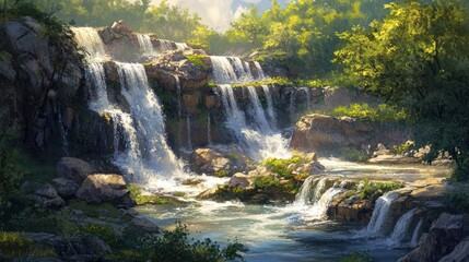 Serene Waterfall in Lush Forest Landscape