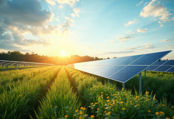 Solar Panels at Sunset in a Green Field