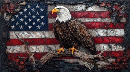 Bald eagle perched on branch, American flag background, patriotic art, wall decor