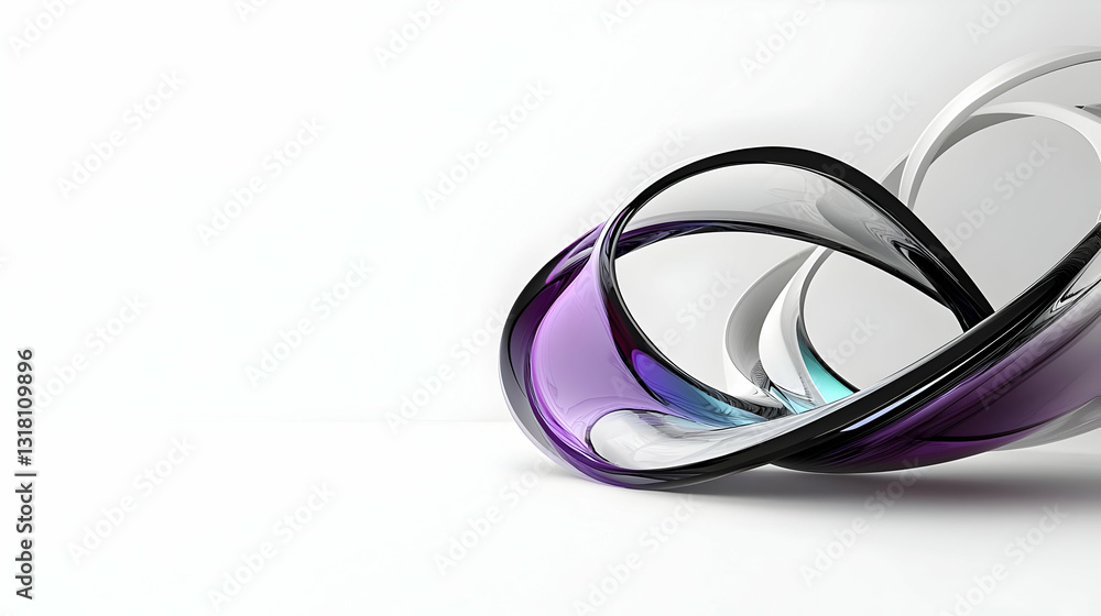 Poster dynamic abstract composition purple black and white intertwined 3d rendered shapes on a white backgr