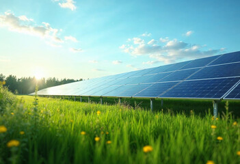 Solar Panels in a Green Field Under a Bright Sky