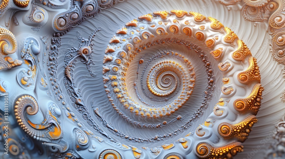 Poster a detailed spiraling sculptural design features intricate textures and patterns