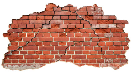 Obraz premium cracked red brick wall cut out on white or transparent background, png