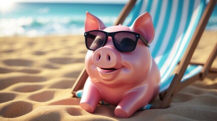 Relaxing Pig on the Beach with Sunglasses and a Deck Chair