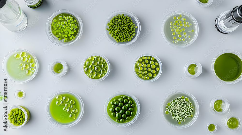 Poster top view of various green algae samples in petri dishes on a white laboratory table with research eq