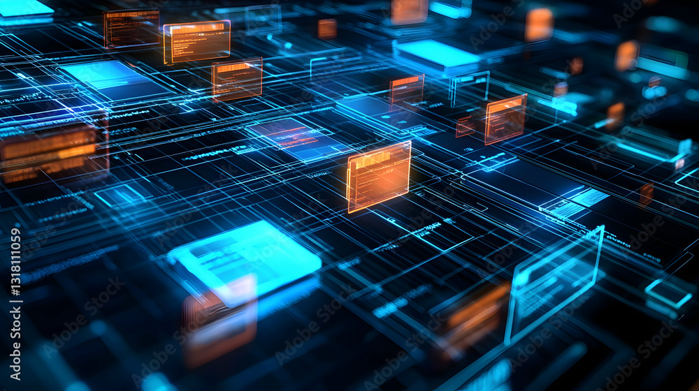 Poster futuristic circuitry with glowing blue and orange data flow on dark background in digital perspectiv