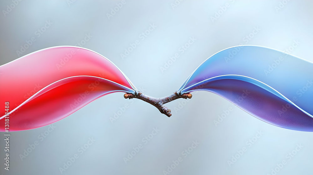 Poster abstract composition of red and blue wavy shapes with a brown branch in the center against a gradien