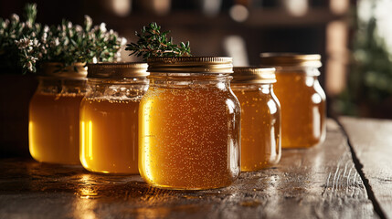Beautifully arranged jars of sparkling honey on rustic wooden table, showcasing natural sweetness and warmth