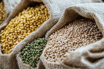 Obraz premium Colorful Variety of Raw Legumes in Burlap Sacks Displayed for a Natural Food Concept