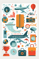 Whimsical Travel Icons: Suitcase, Airplane, Globe, Map, Camera, and Passport for Planning an Adventure