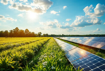 Solar Farm in a Green Field with Renewable Energy Panels