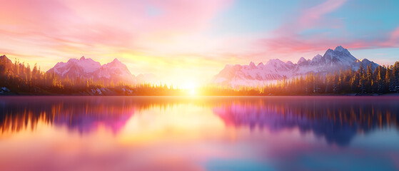 Obraz premium Sunrise reflection over serene lake mountainous landscape nature scene tranquil environment wide angle scenic beauty