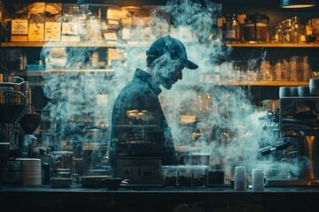Silhouette of Barista in Coffee Shop with Double Exposure Effect and Blending Smoke